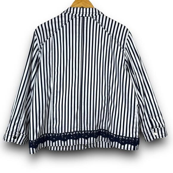Chicos Navy Blue White Stripe Lightweight Jacket Zipper Front Roll Tab Sleeve XL - Picture 7 of 12